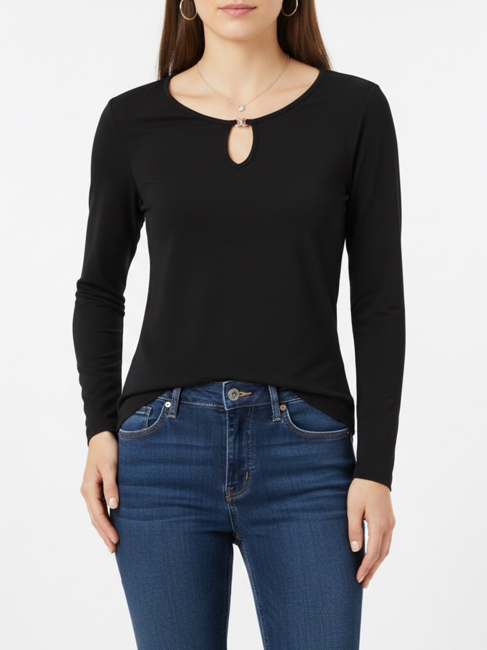 JM Collection Black Long-Sleeve Keyhole Top